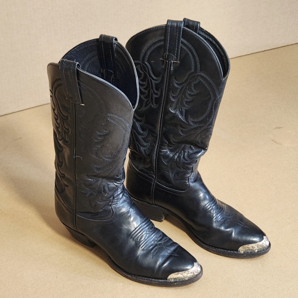 Black Tony Lama Cowboy Boots 1990 Sz 6.5 M Toe Accent